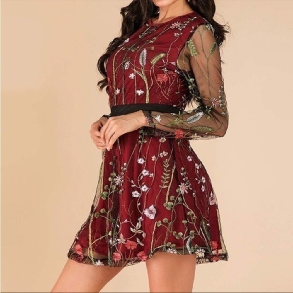 Women’s Dark Red Embroidered Floral Long Sleeve Mesh Mini Dress